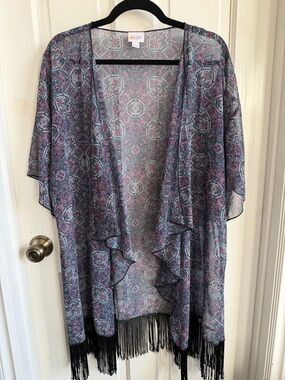 LuLaRoe Teal, Purple & Black Paisley Open-Front Kimono